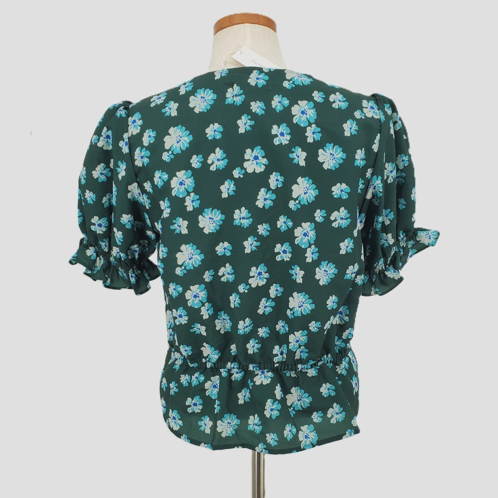 Outerknown L Astral Floral Print Puff Sleeve Tie Waist V Neck Blouse Green Blue - Picture 3 of 8